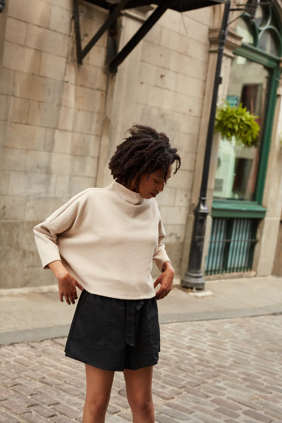 Bogota Sweater by MAS, Oat, high neck, wide extended sleeves, slightly cropped, one size fits all, made in Montreal 
