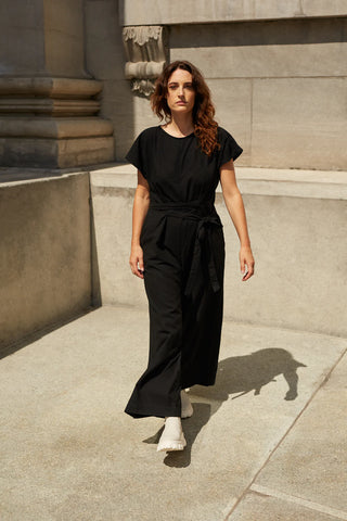 Morroco Jumpsuit by MAS, Pepper, round neck, short dropped sleeves, crossed belt, opening at the back with tie at the nape, wide legs, eco-fabric, organic cotton, sizes XS to XXL, made in Montreal 