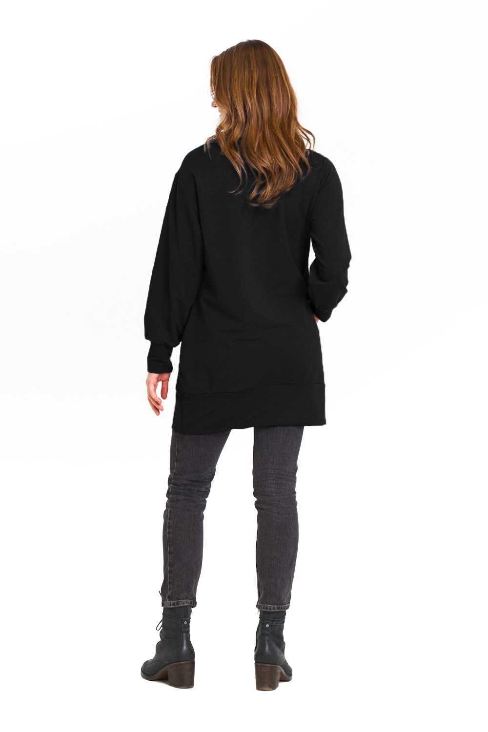 May Sweatshirt by EMK, Black, back view, cowl neck, balloon sleeves, band at hem, tunic-length, eco-fabric, bamboo rayon, cotton, sizes S-L, made in Winnipeg