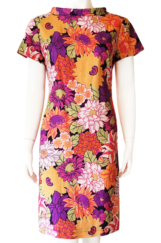 The Millie Shift Dress by Mandala, in a Bloomin' 60s print, is shown on a mannequin against a white background 
