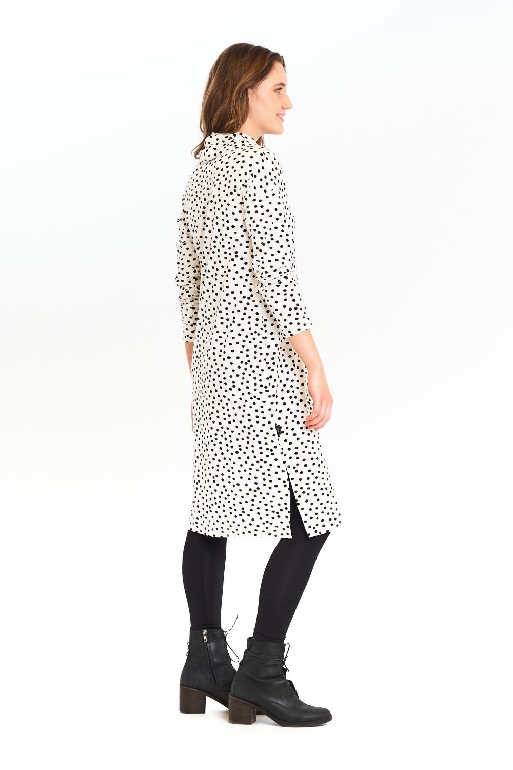 Mimi Midi Dress by EMK, Black and White, polka dots, cowl neck, long sleeves, midi-length, side slits, side pockets, eco-fabric, bamboo rayon, cotton, sizes S-XL, made in Winnipeg