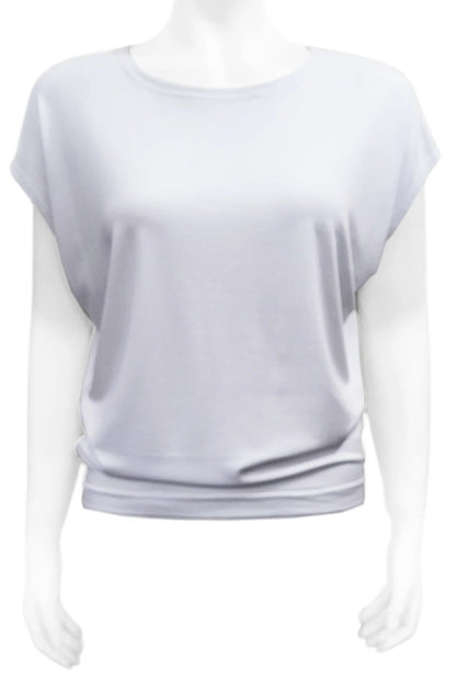 The Mandala Charlie Slouch Tee in Snow White, with a round neck, short extended sleeves, and a fitted hem, is shown on a mannequin against a white background. 