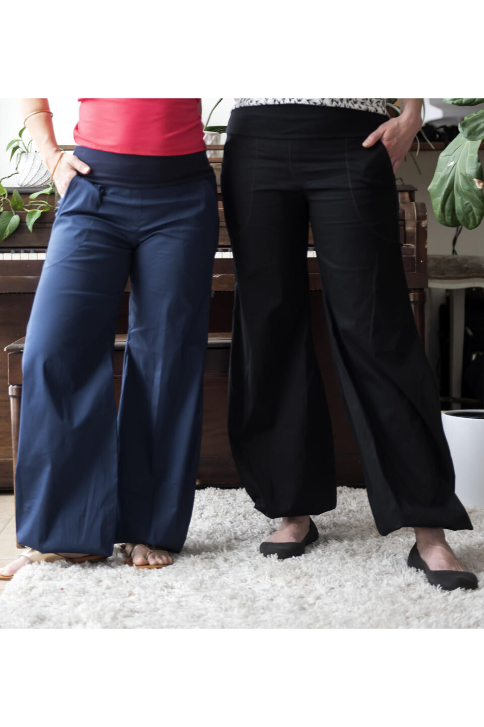 Pouf Ete Pants by Marie C, Black or Navy, wide pull-on waistband, wides that puff out and gather at the ankles, large pockets, sizes XS to XL, made in Montreal 
