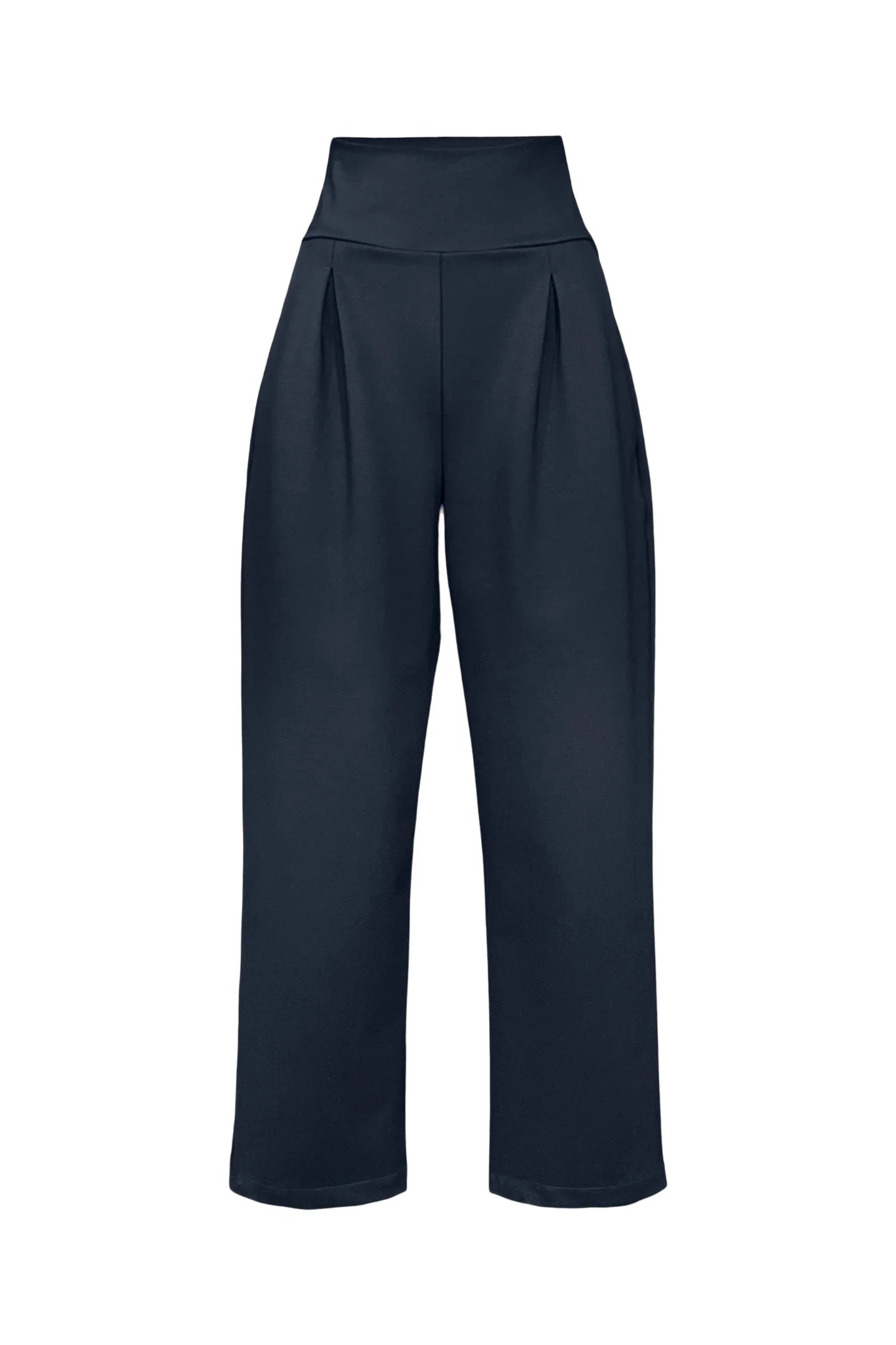 The Lionel Pants by Melow in Midnight (navy blue) full length trousers with a high elastic waistband, pressed front pleats, and side pockets, are shown in front of a white background. 