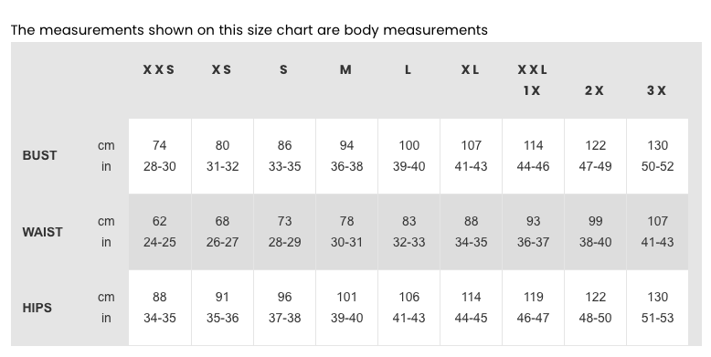 Message Factory Tops and Dresses Size Chart
