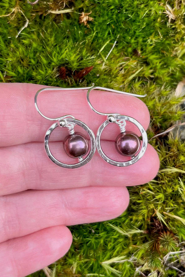 Purple Pearl Nesting Circle Earrings - Sterling Silver