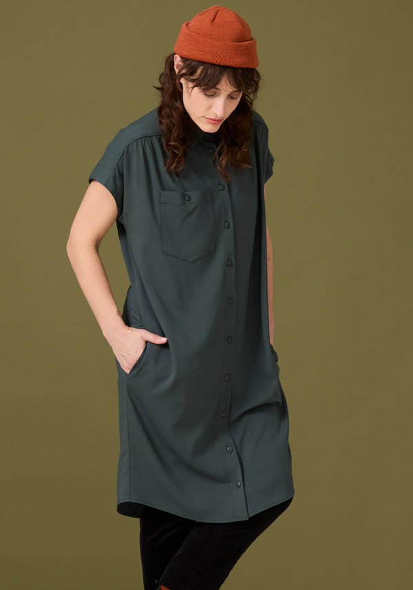 Olivia Dress by Cokluch, Cilantro, shirt dress, collar, button front, gathers at shoulders, belt with ring buckle, knee-length, rayon, sizes XS to XL, made in Montreal