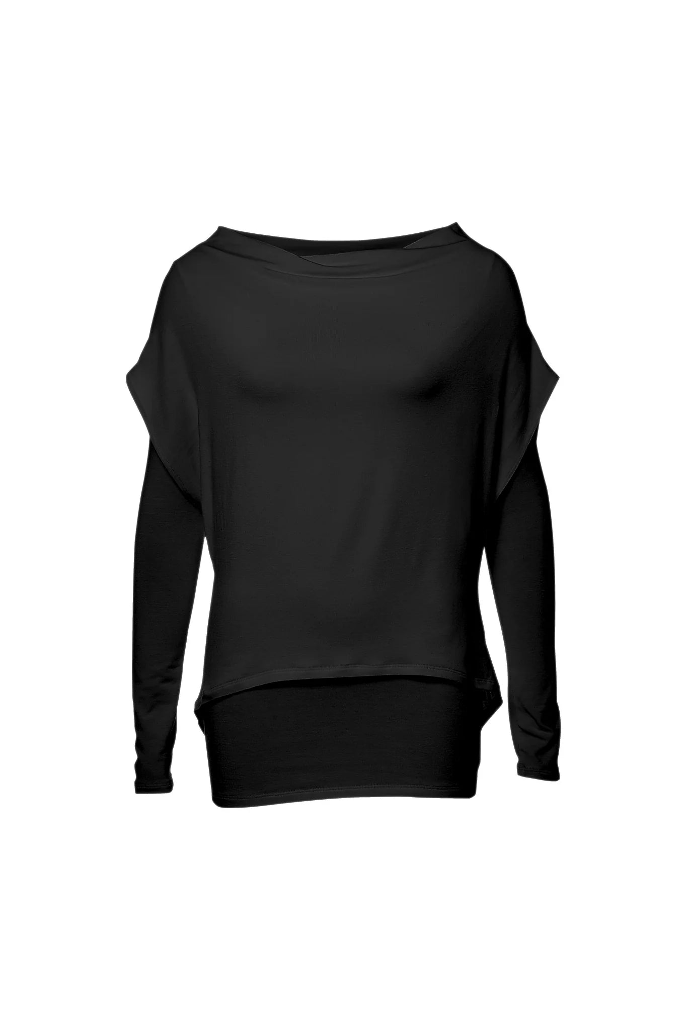 The Pacifique Top by Melow in Black, a two-layered top with a fitted and long-sleeved under-layer and a short-sleeved and loose-fitting over-layer, is shown against a white background. 