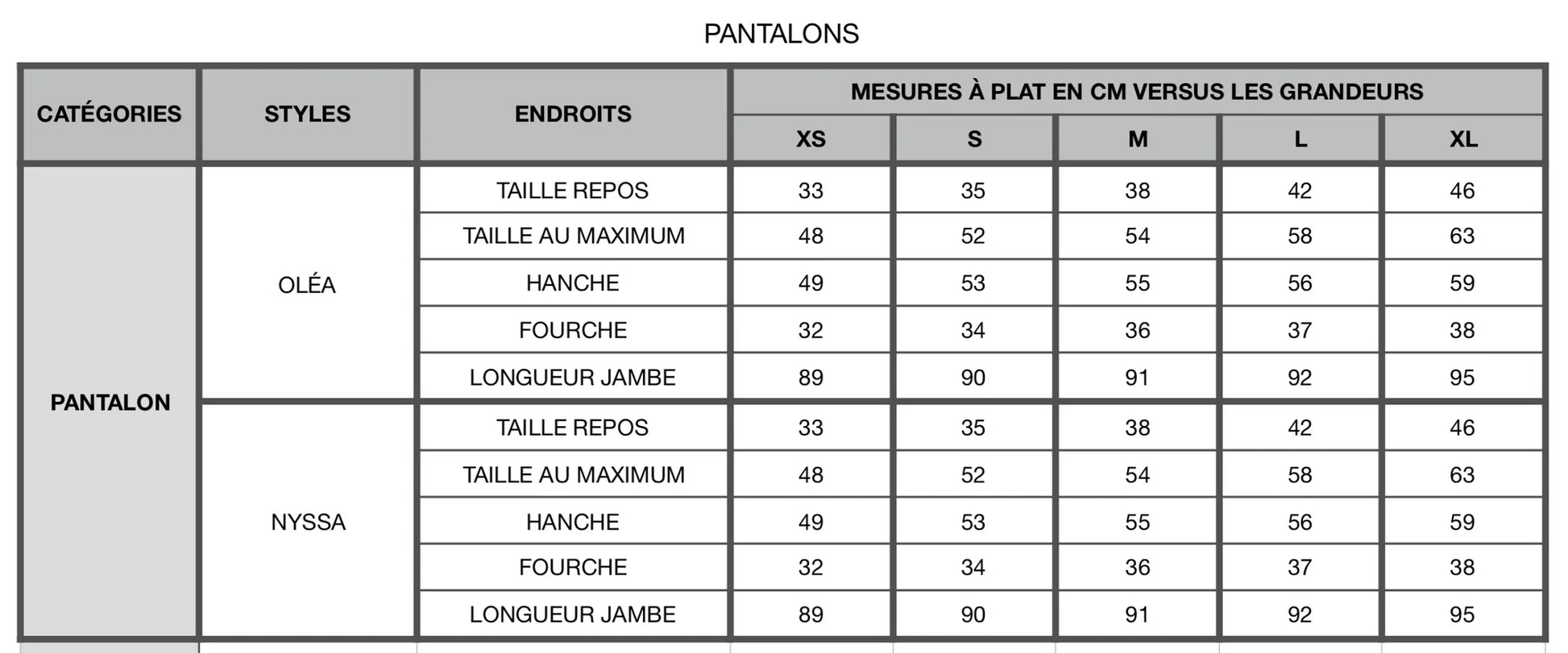Kazak Olea and Nyssa Pants Size Chart