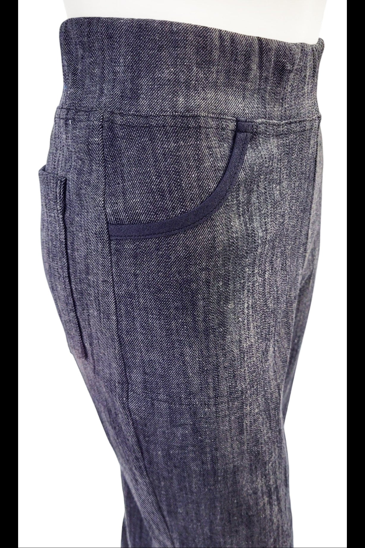 Close up of the waist and pockets of the The Wade Vintage Denim Pants in Indigo by Mandala 