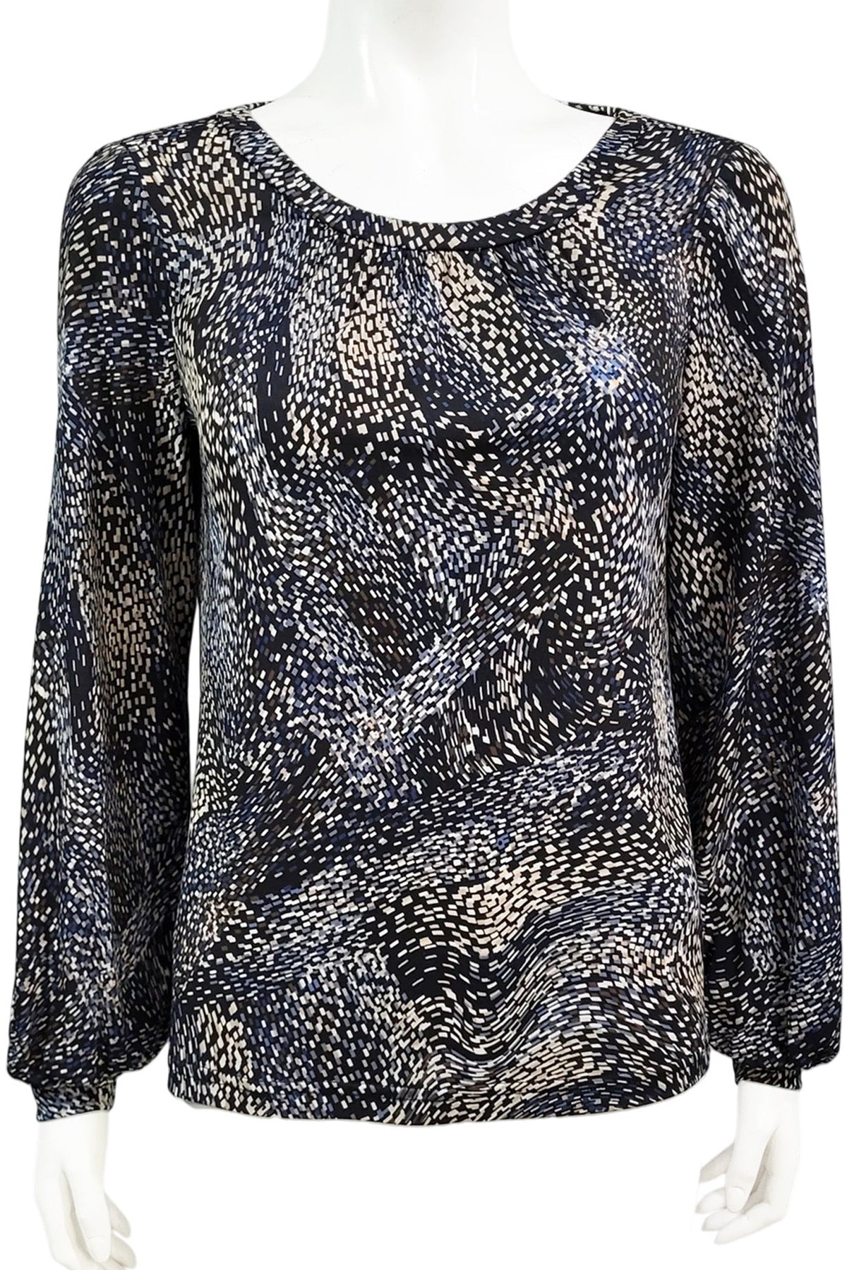 The Gwen Blouse by Mandala in Starry Night - Blue print is shown on a mannequin against a white background. 