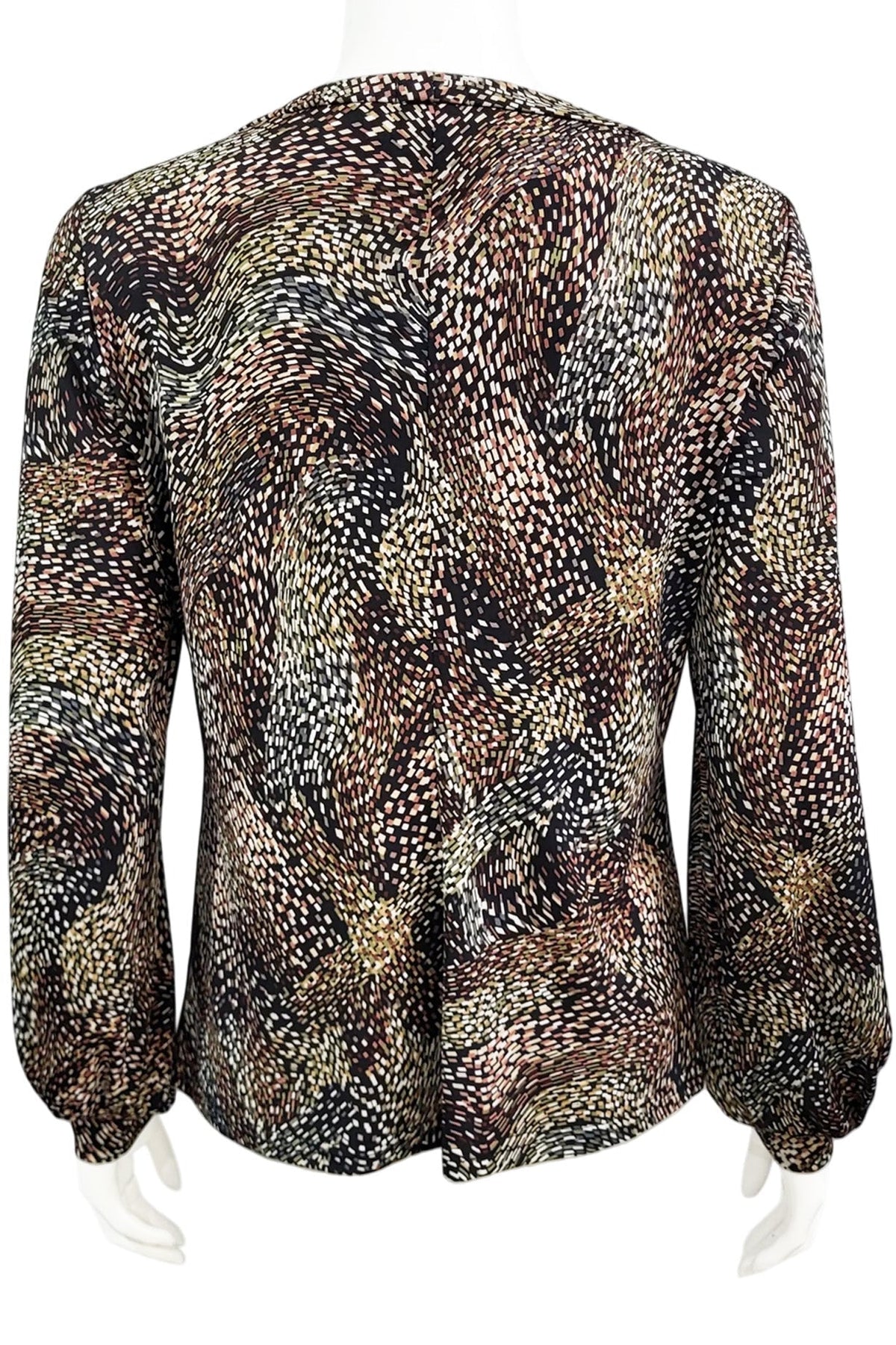 A back view of the Gwen Blouse by Mandala in Starry Night - Brown print is shown on a mannequin against a white background.