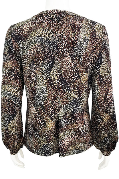 A back view of the Gwen Blouse by Mandala in Starry Night - Brown print is shown on a mannequin against a white background.