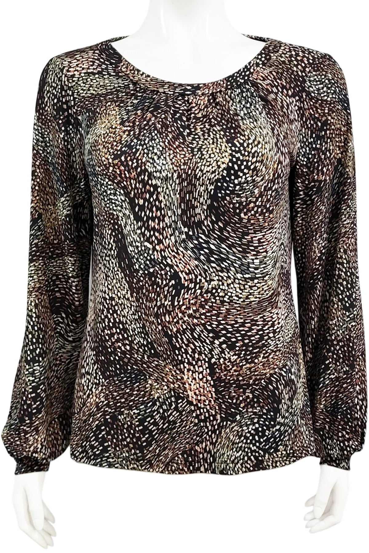 The Gwen Blouse by Mandala in Starry Night - Brown print is shown on a mannequin against a white background.