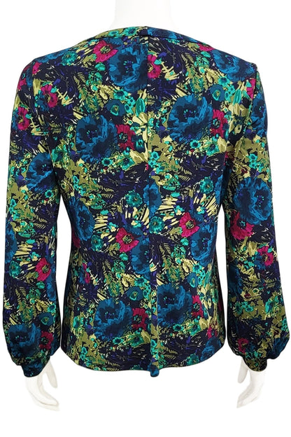 A back view of the Gwen Blouse by Mandala in Vintage Rose print is shown on a mannequin against a white background.