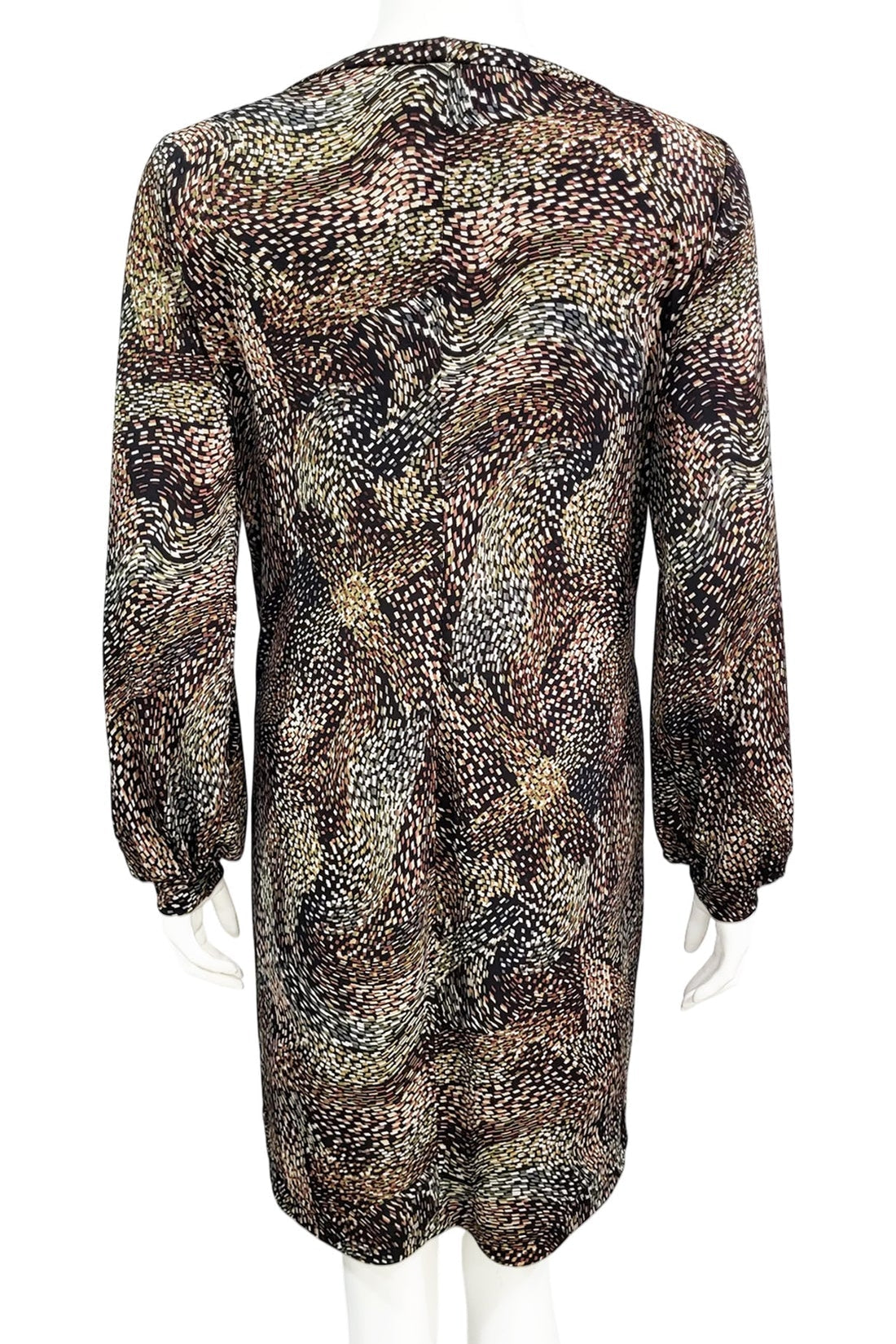 A back view of the Gwyneth mini dress from Mandala in Starry Night - Brown is shown on a mannequin against a white background 