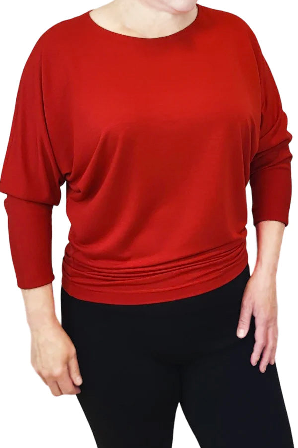 Joel Slouch Tee by Mandala, Ruby, wide jewel neck, 3/4 dolman sleeves, slouchy fit, fitted hemline at hip sizes XS to XXL, made in Ontario