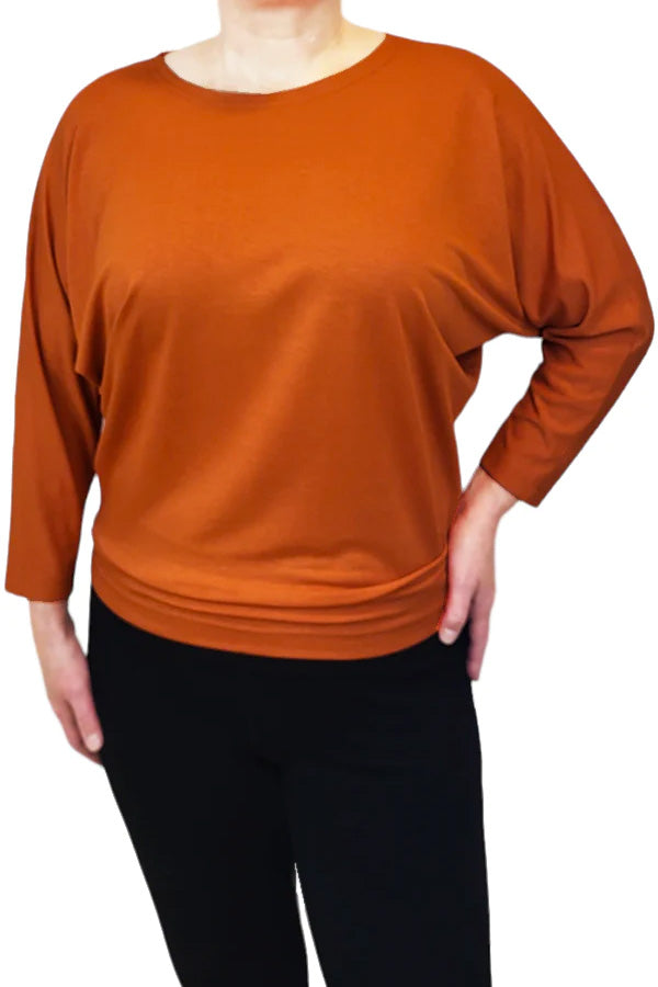 Joel Slouch Tee by Mandala, Russet, wide jewel neck, 3/4 dolman sleeves, slouchy fit, fitted hemline at hip sizes XS to XXL, made in Ontario
