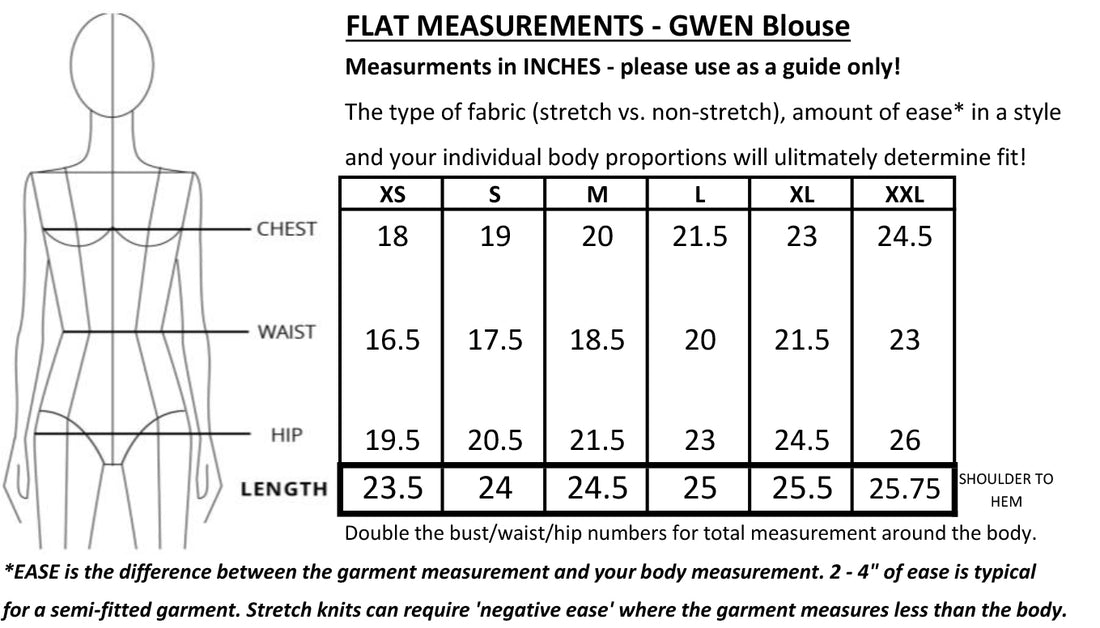 Gwen Blouse by Mandala Designer flat measurements chart