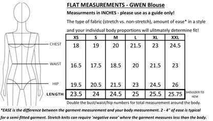 Gwen Blouse by Mandala Designer flat measurements chart