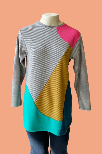 Hailey Crewneck Sweater by Solomia, Grey/Pink/Ochre/Green, colour-blocked, long sleeves, loose fit, eco-fabric, bamboo and cotton, sizes XS to L, made in Ottawa