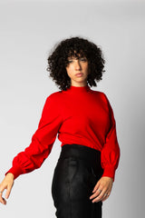 Sarandon Reversible Top by Eve Lavoie, Red Cotton, high neck on one side, tie neck with opening on other side, puffed sleeves, full-length sleeves, eco-fabric, OEKO-TEX certified cotton, sizes XS to XL, made in Montreal