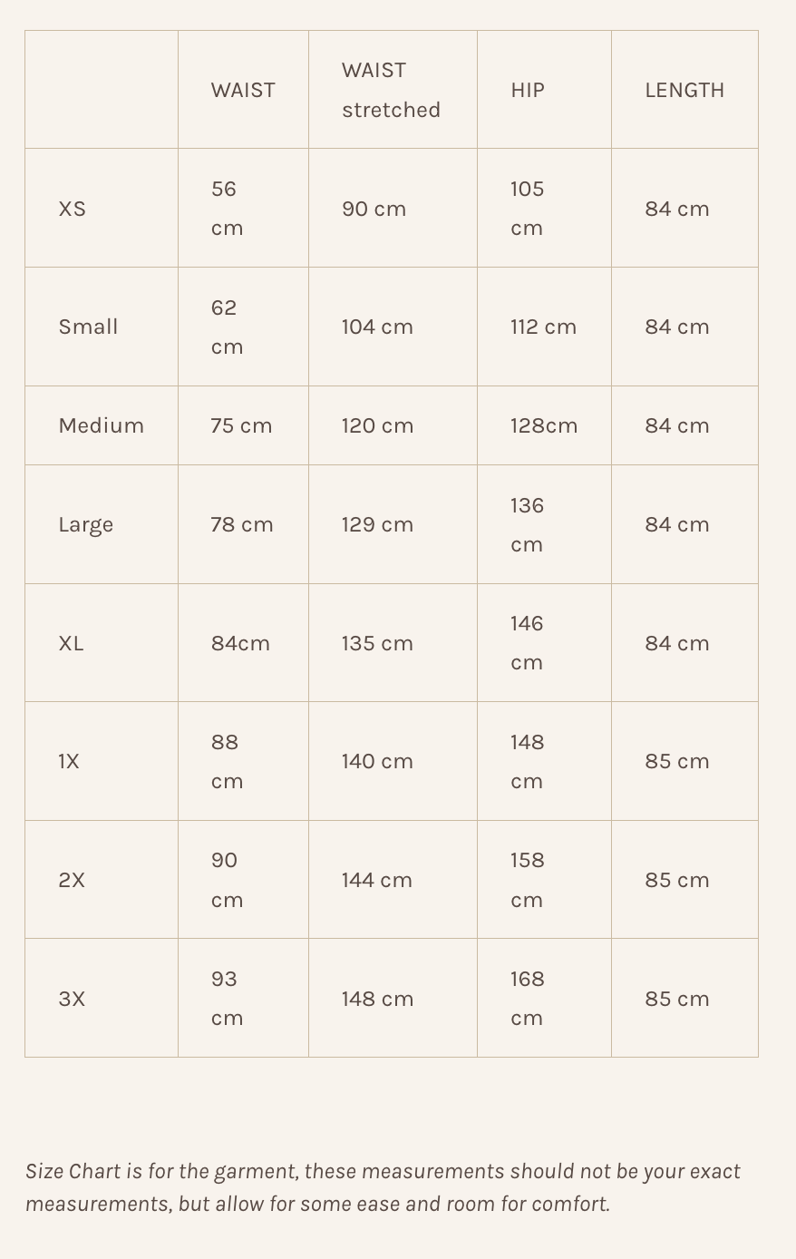 Size chart with garment measurements for the Simone Skirt from Lights of All