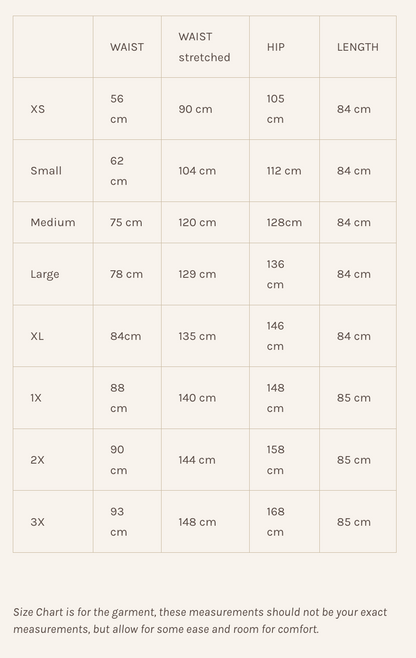 Size chart with garment measurements for the Simone Skirt from Lights of All