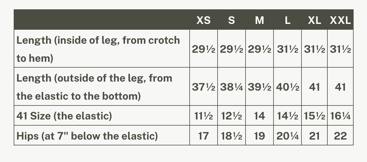 Garment measurement chart for the Murphy Pants by Rien ne se Perd