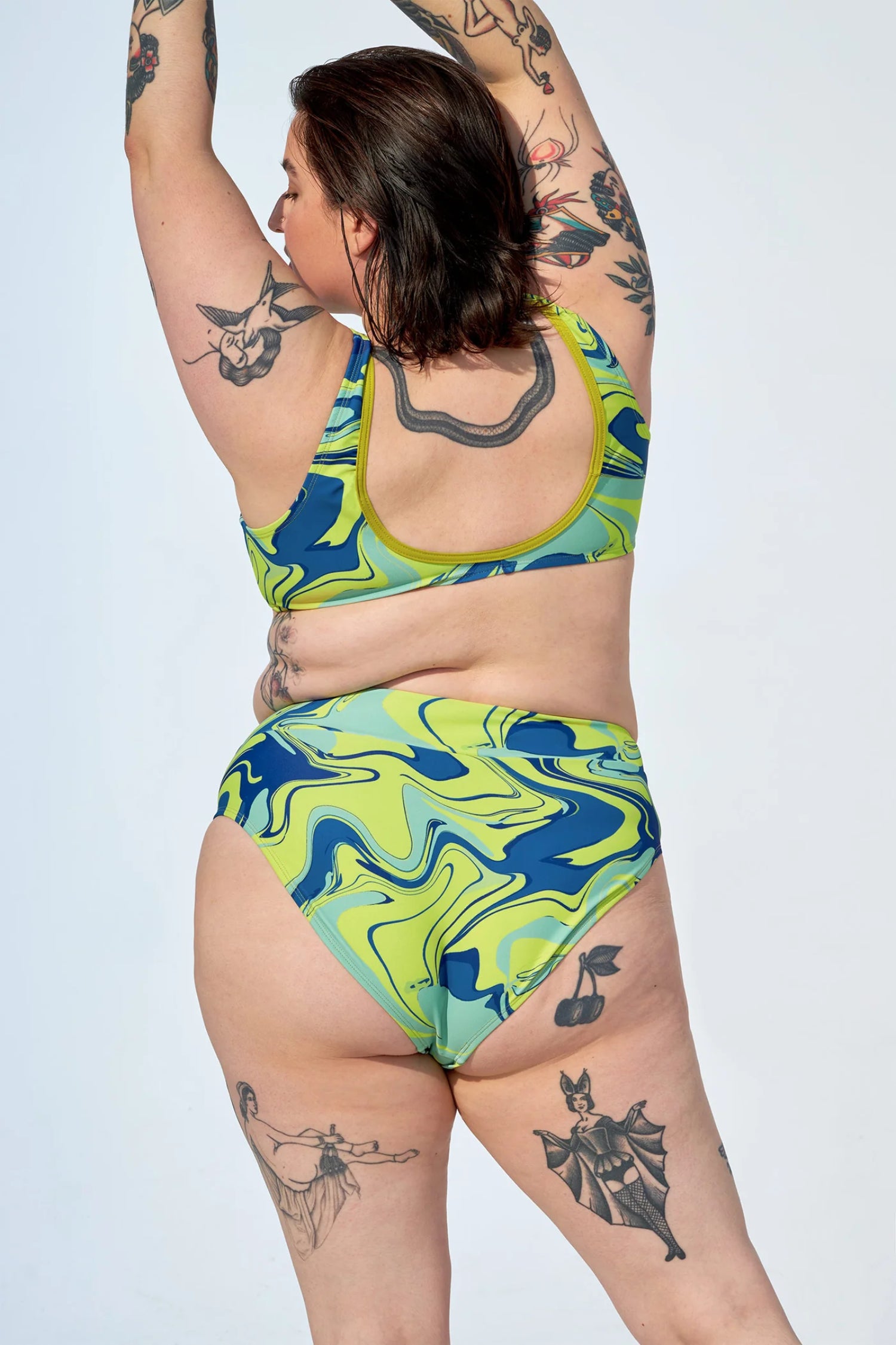 Analie HIgh Waist Bikini Bottom by Selfish Swimwear, Green Marble Swirls, back view, high waist, high cut leg, fully lined, recycled fibres, UV protection, sizes XS to XXL, made in Montreal