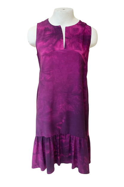 Jane Dress by Solomia, Tie Dye Plum, sleeveless, notched neckline, arched seam across the bodice, ruffled hem, sizes S-L, made in Carleton Place