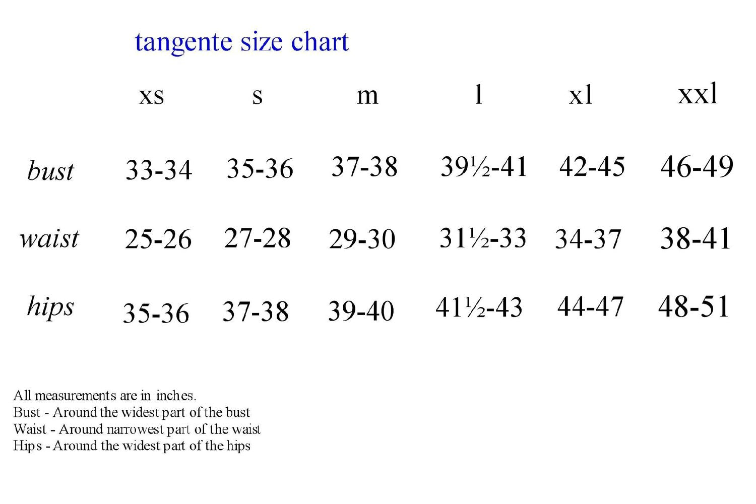 Tangente Size Chart