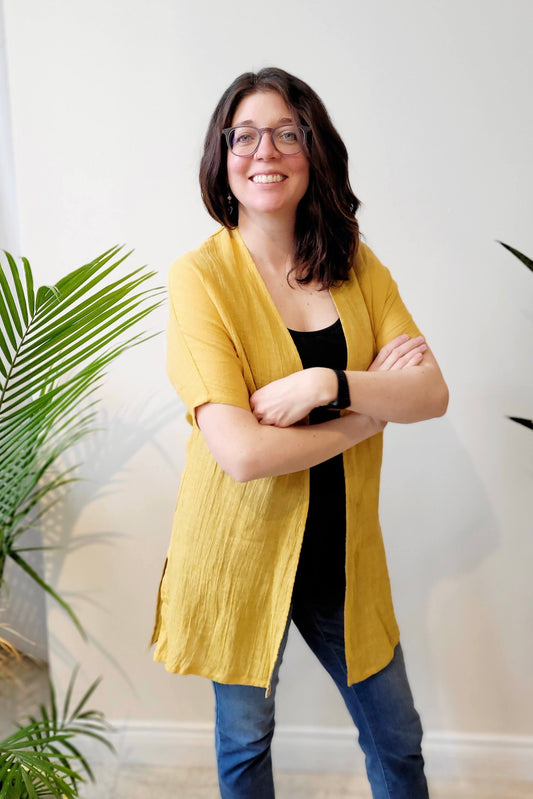 Elm Long Cardigan by Ramonalisa, Mustard, linen, open front, side slits, elbow length sleeves, linen, eco-fabric, sizes XS to XL, made in Montreal
