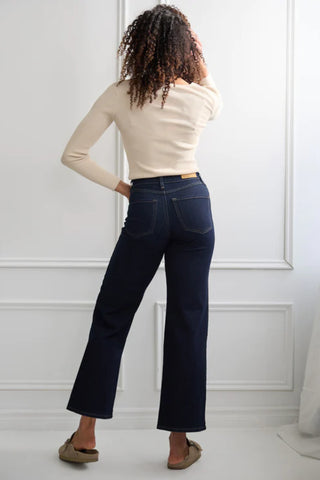Night Cap LILY High Rise Wide Leg Yoga Jeans, back view, high waist, 30 inch inseam, fitted waist, wide leg, travel denim, sizes 24-34, made in Canada