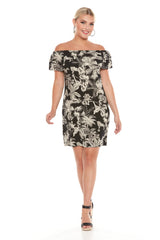 Bare Dress by Yul Voy, black and white jungle print, off the shoulder, short sleeves, straight cut, above the knee, sizes XS-XXL, made in Montreal