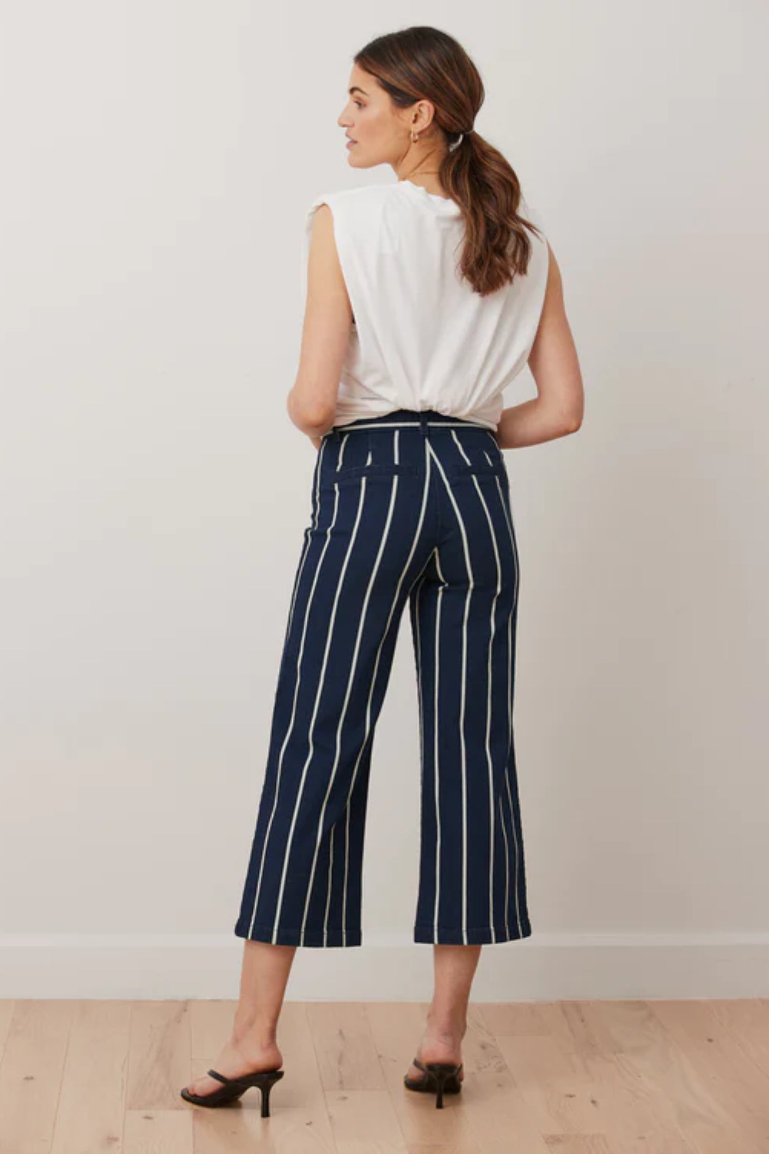 Navy Pier Lily Classic Rise Wide Leg by Yoga Jeans, back view, railroad stripe, classic rise, wide leg, cropped, 25-inch inseam, decorative pockets, Flow fabric, sizes 25-32, made in Canada