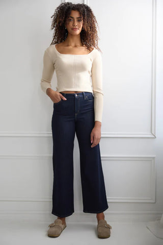 Night Cap LILY High Rise Wide Leg Yoga Jeans, high waist, 30 inch inseam, fitted waist, wide leg, travel denim, sizes 24-34, made in Canada