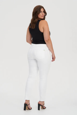 White RACHEL Mid Rise Skinny Yoga Jean, back view, mid-rise, 30-inch inseam, faux front pocket, skinny fit, travel denim, eco-fabric, OEKO-TEX certified, Cotton USA certified, ISO 14001 certified, sizes 25-32, made in Canada