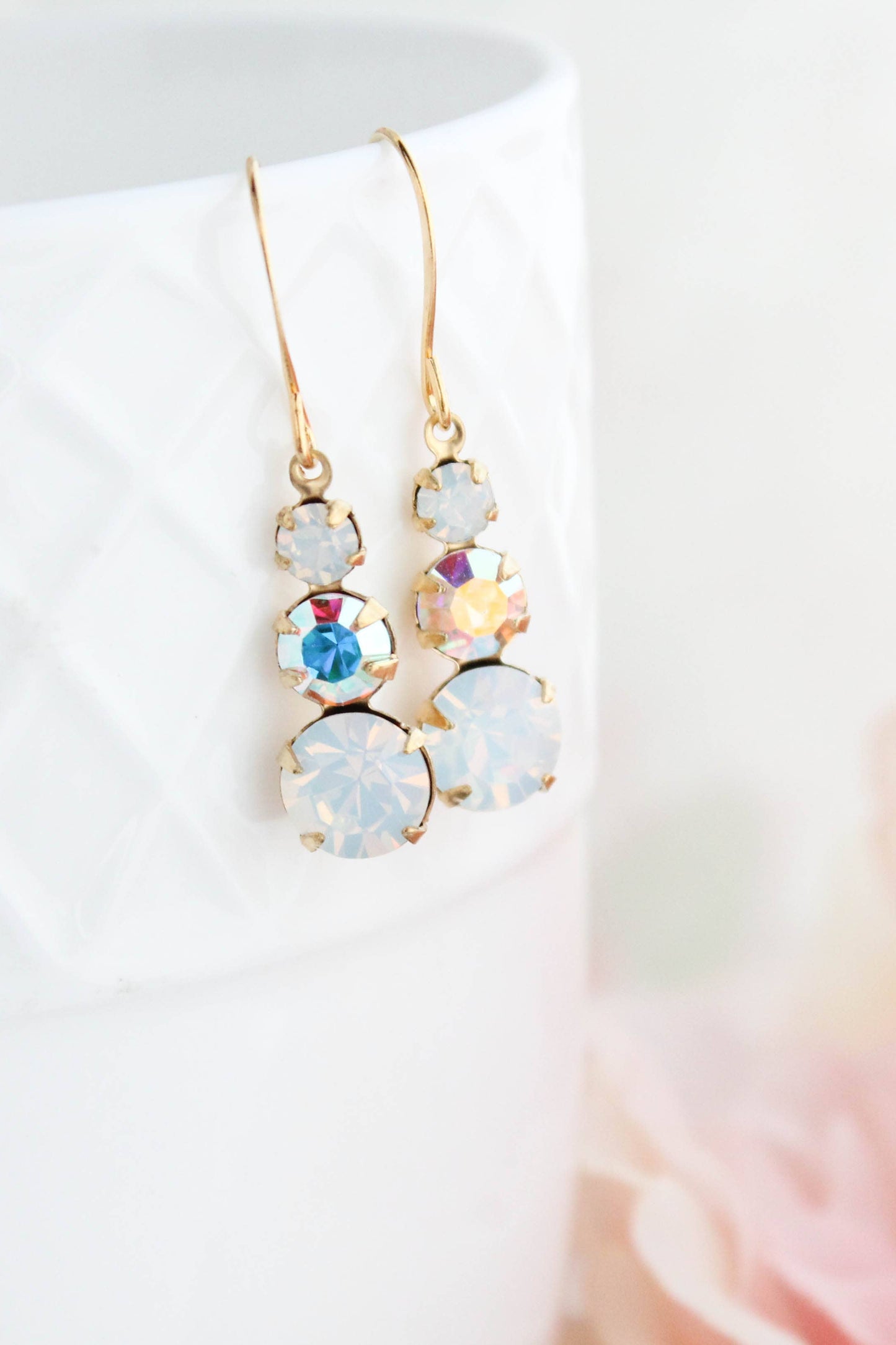 Vintage Glass Earrings - Three Jewel White Opal Glass
