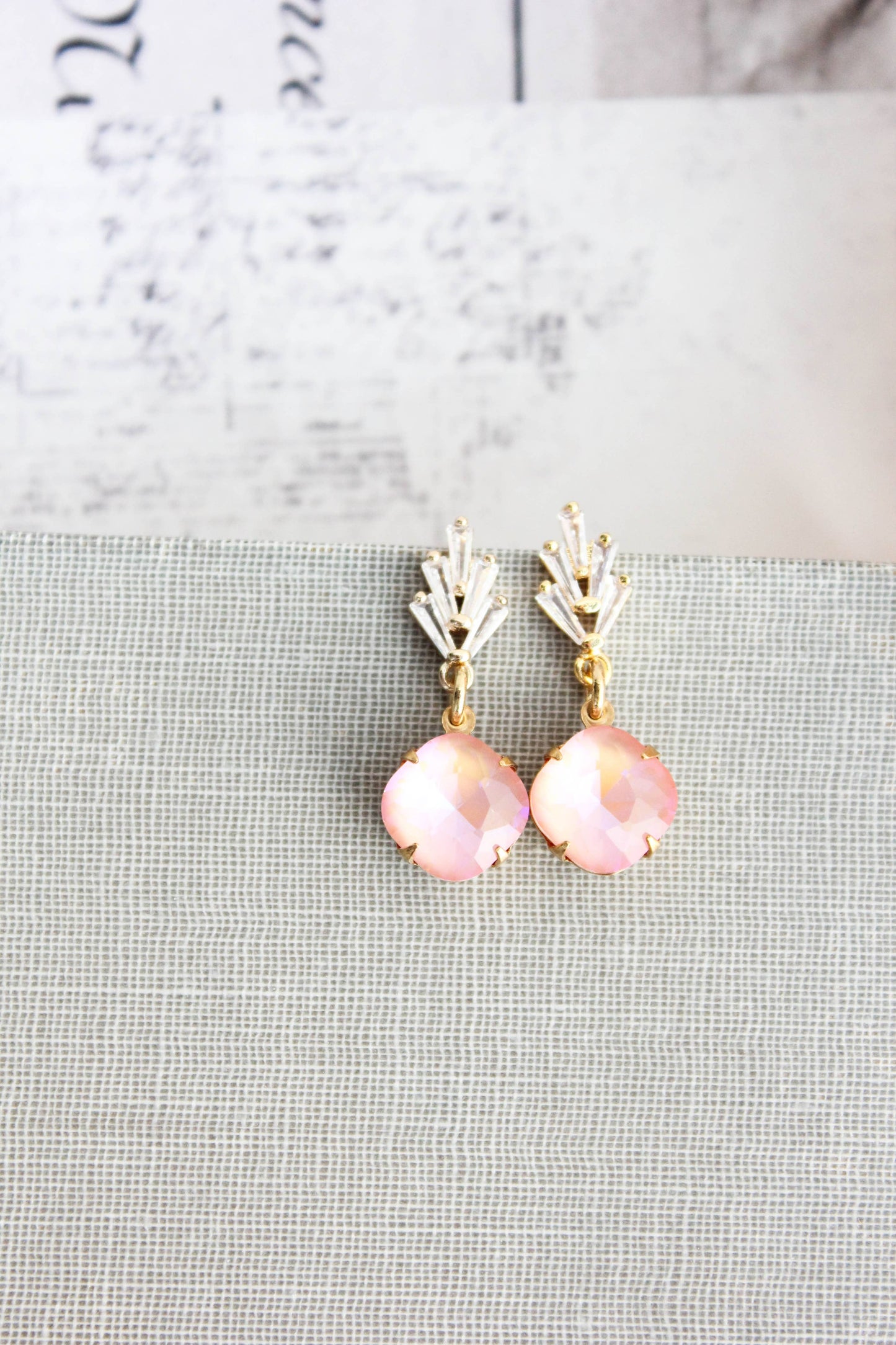 Art Deco Glass Leaf Post Earrings | Pastel Pink Glass Jewel
