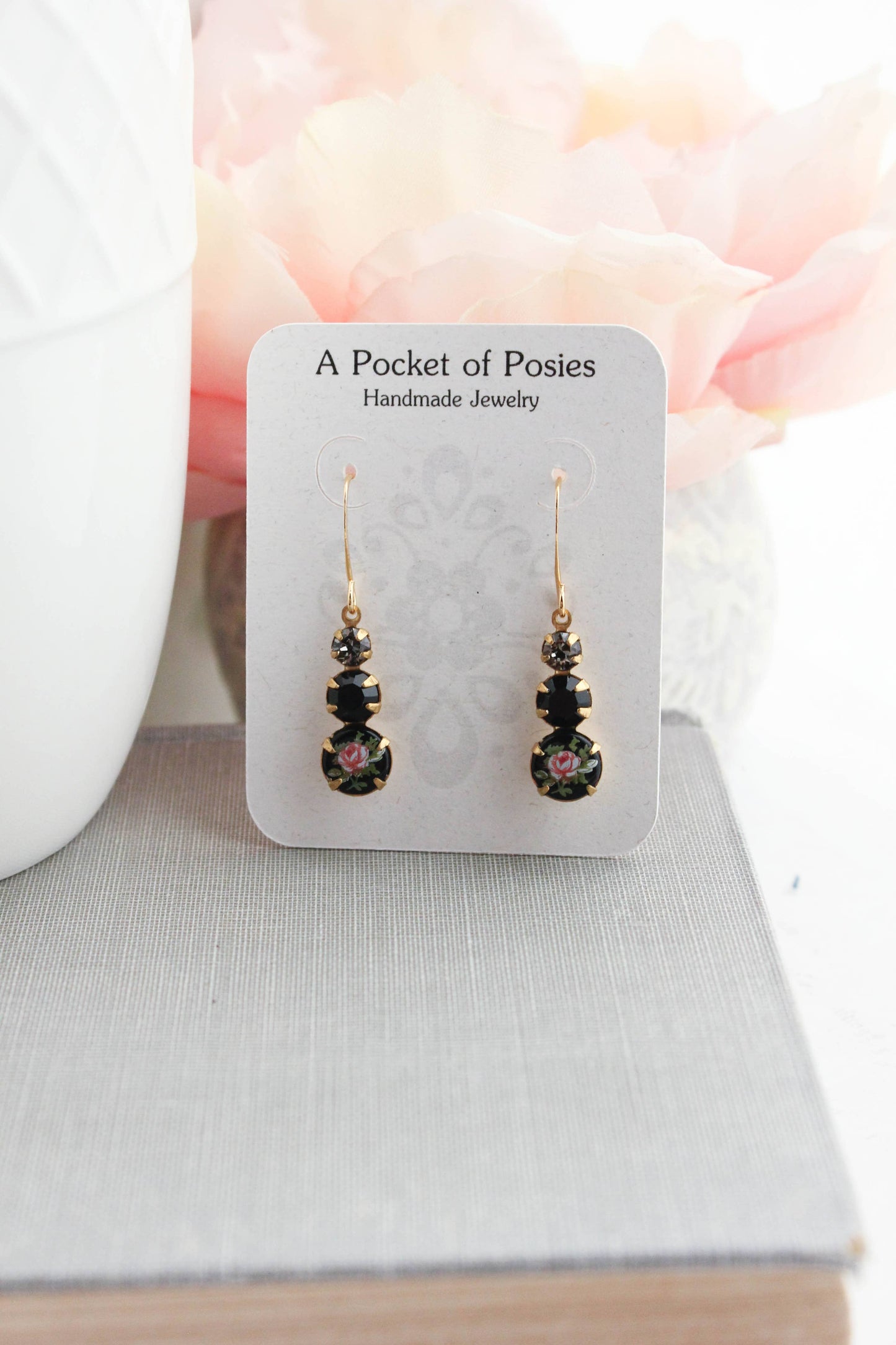 Vintage Glass Earrings - Three Jewel Black w/ Pink Rose
