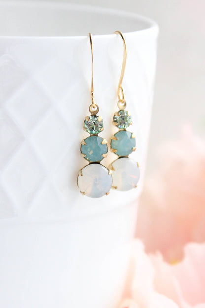 Vintage Glass Earrings - Three Jewel Aqua and Opal Glass