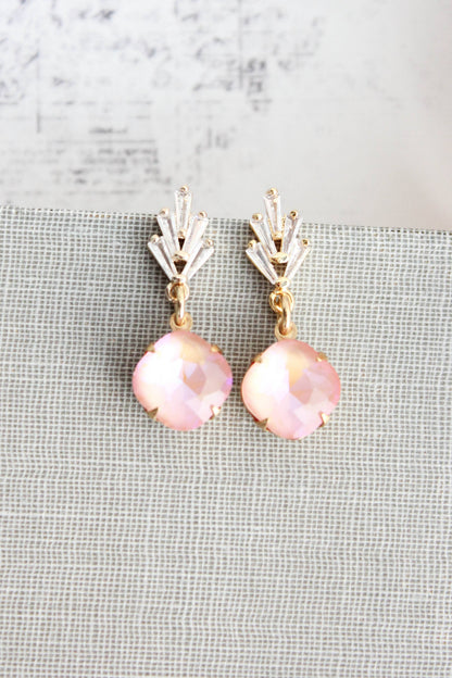 Art Deco Glass Leaf Post Earrings | Pastel Pink Glass Jewel