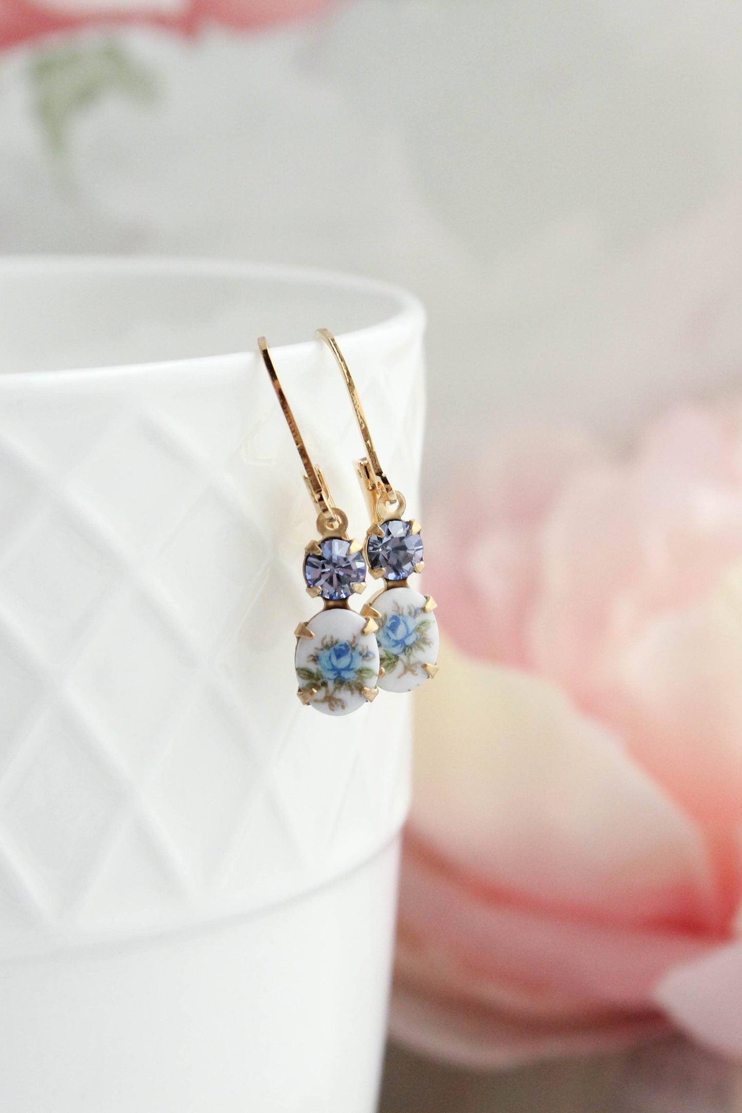 Little Blue Rose Cameo Earrings | Vintage Glass