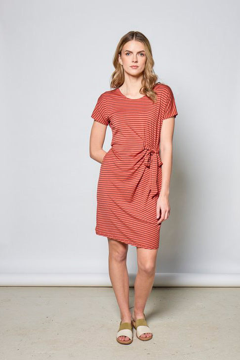 Joelle Dress by Tangente, Coral/Black stripes, cap sleeves, round neck, pleats and built-in tie at waist, elastic at the back of the waist, above the knee length, eco-fabric, bamboo rayon, sizes XS to XXL, made in Ottawa 