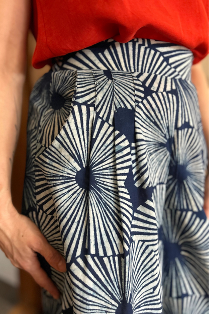 Waist detail of the Petunia Pants by Kazak in Indigo Floral