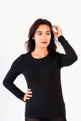 Col Rond Sweater by Slak, Black, round neck, long sleeves, modal rayon knit, sizes XS to XL, made in Montreal
