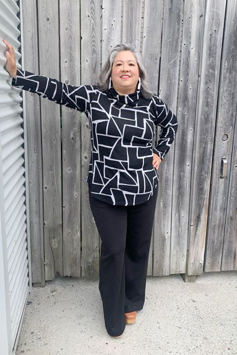 Poplar Long Sleeve Top by Compli K, Black and White, mock neck, long sleeves with button detail, sizes XS to XXL, made in Canada