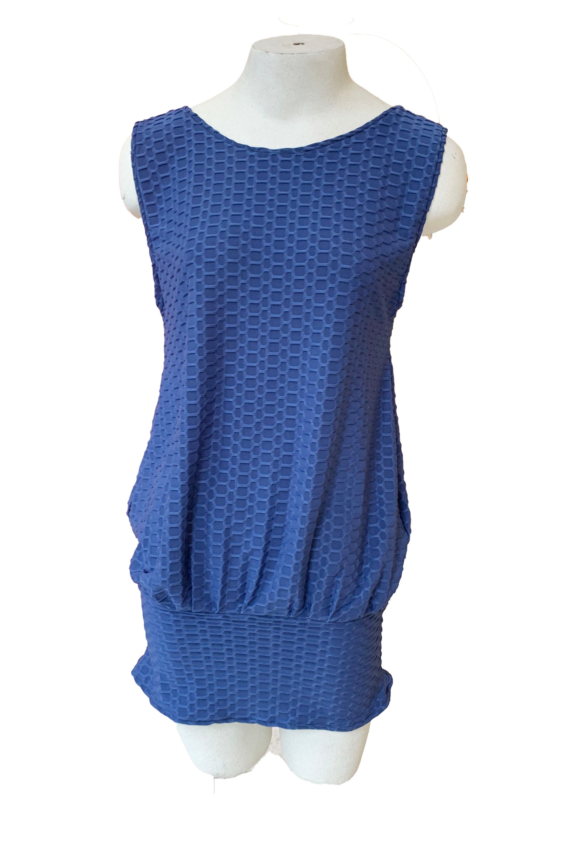 Sleeveless Kafta Top by SI Design, Blue Texture, round neck, blouson top, wide waistband, sizes XS to L, made in Montreal 