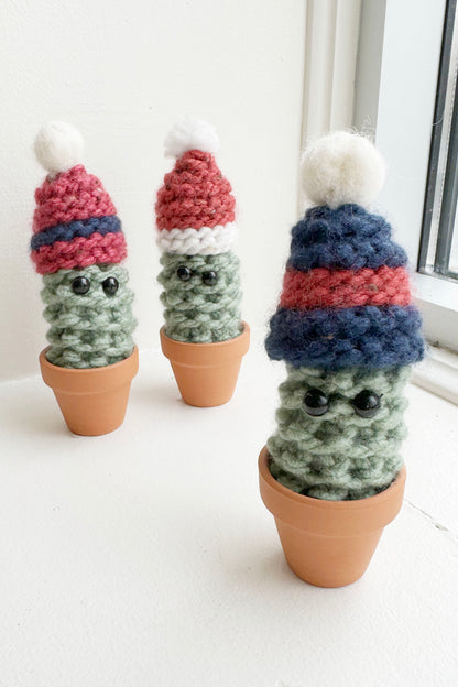 Knitted Winter Cacti by Curl Country, with hats and set in terracotta pots, are shown in front of a white background. 